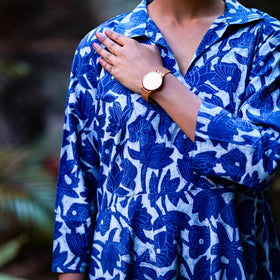Indigo Dabu Block Print Cotton Flared Dress l iTokri.com
