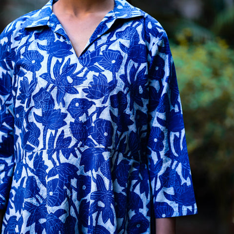 Indigo Dabu Block Print Cotton Flared Dress l iTokri.com