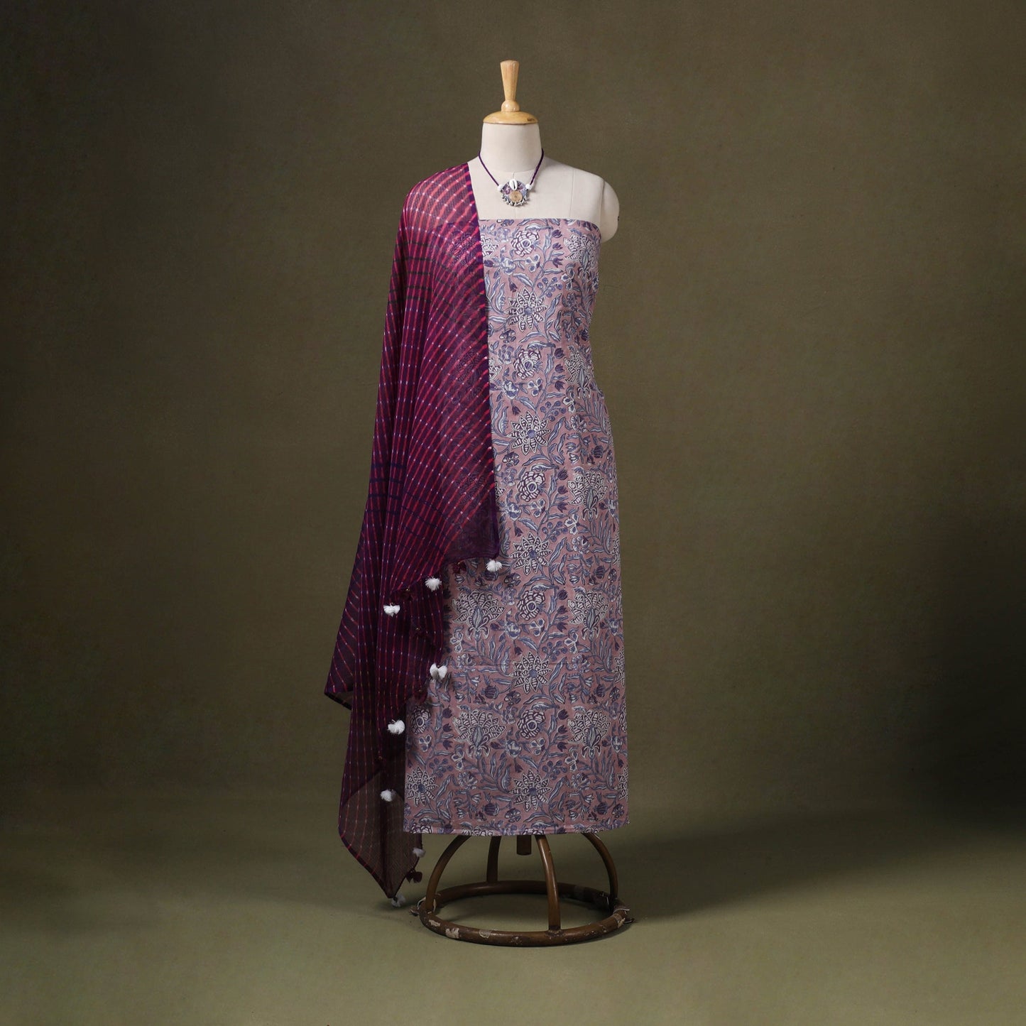 Blue Designer! Block Print Cotton Dress Material with Jewellery Set