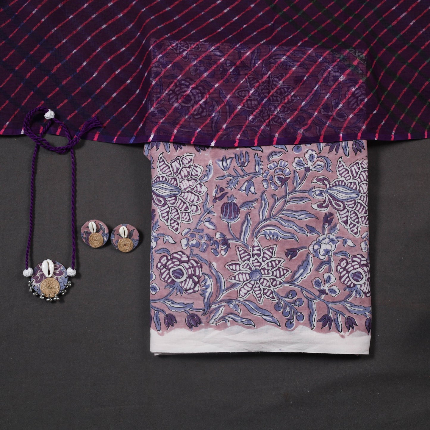 Blue Designer! Block Print Cotton Dress Material with Jewellery Set