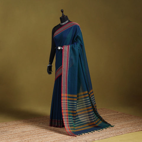 Blue - dharwad cotton saree with border 09 - handcrafted