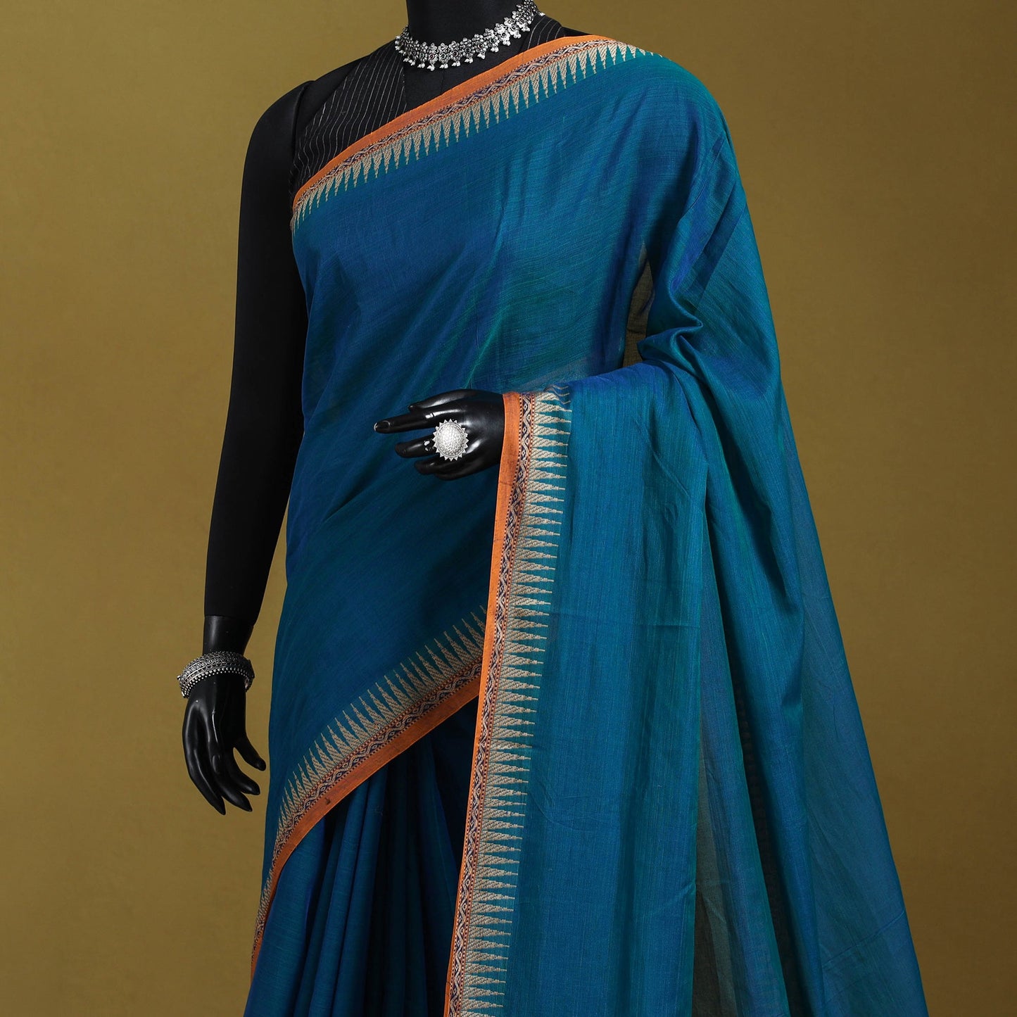 Blue - dharwad cotton saree with border 54 - handcrafted