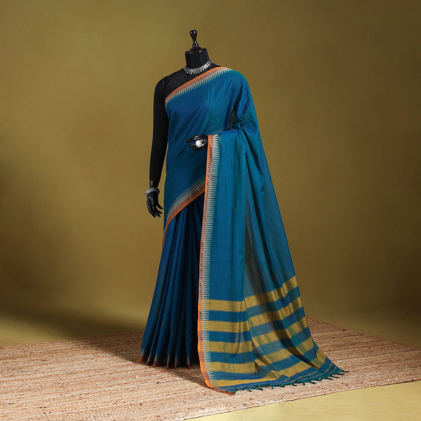 Blue - dharwad cotton saree with border 54 - handcrafted