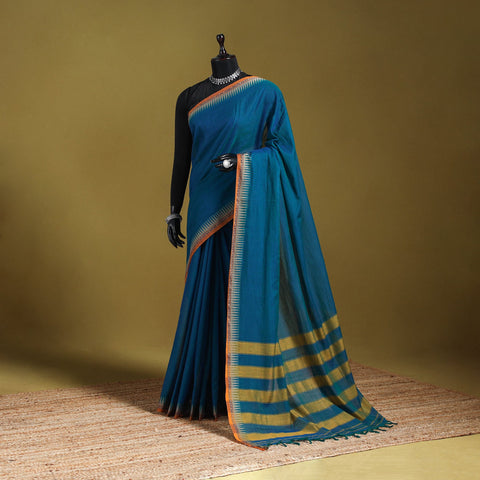 Blue - dharwad cotton saree with border 54 - handcrafted