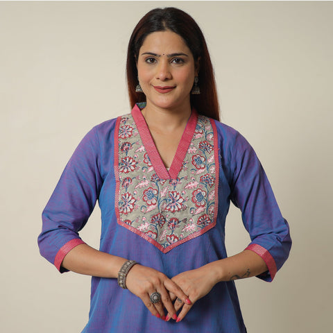 Blue - dharwad cotton straight kurta with sanganeri