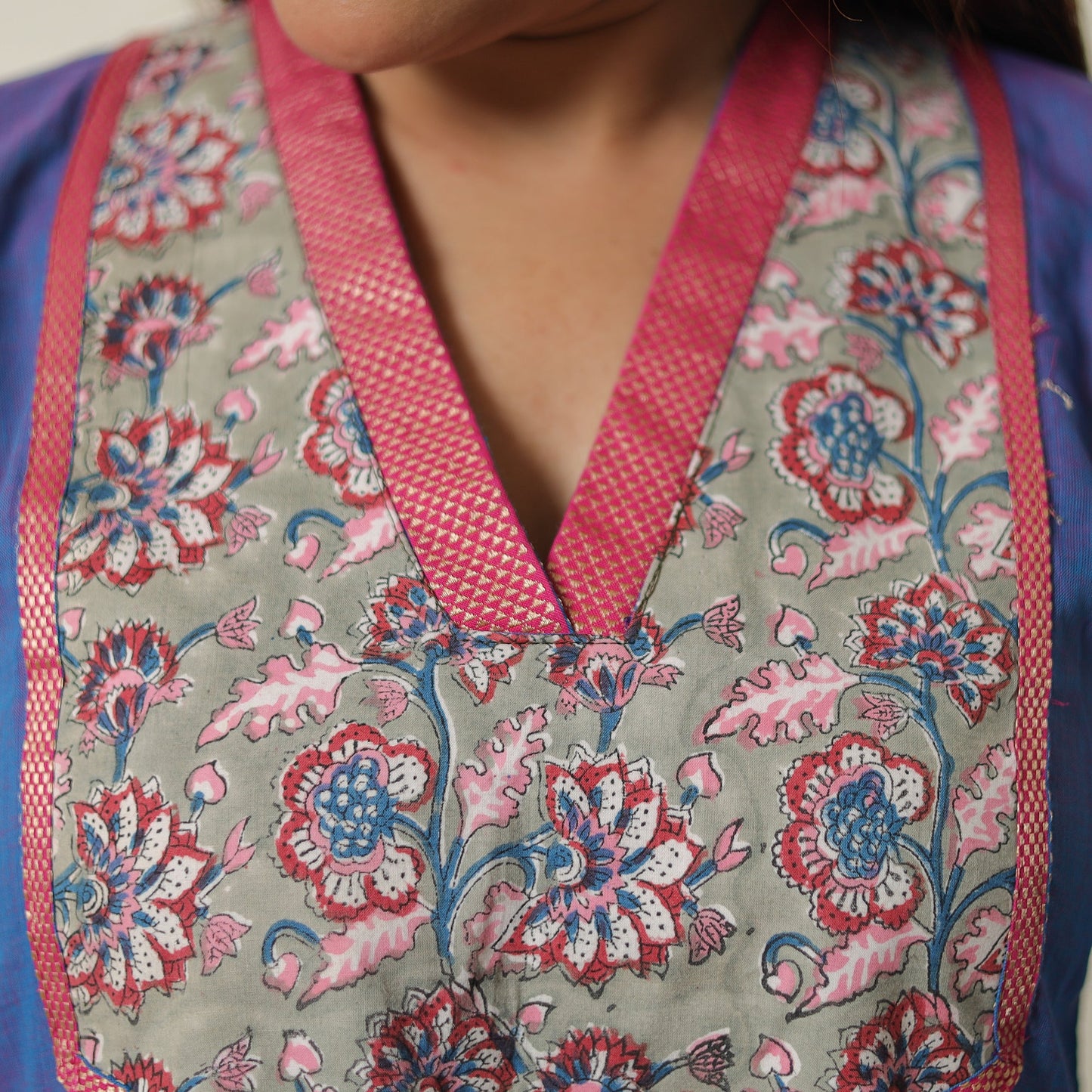 Blue - dharwad cotton straight kurta with sanganeri