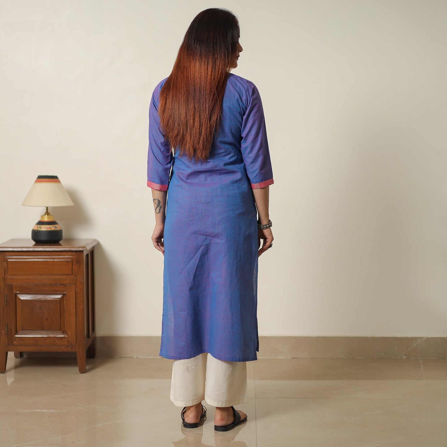 Blue - dharwad cotton straight kurta with sanganeri