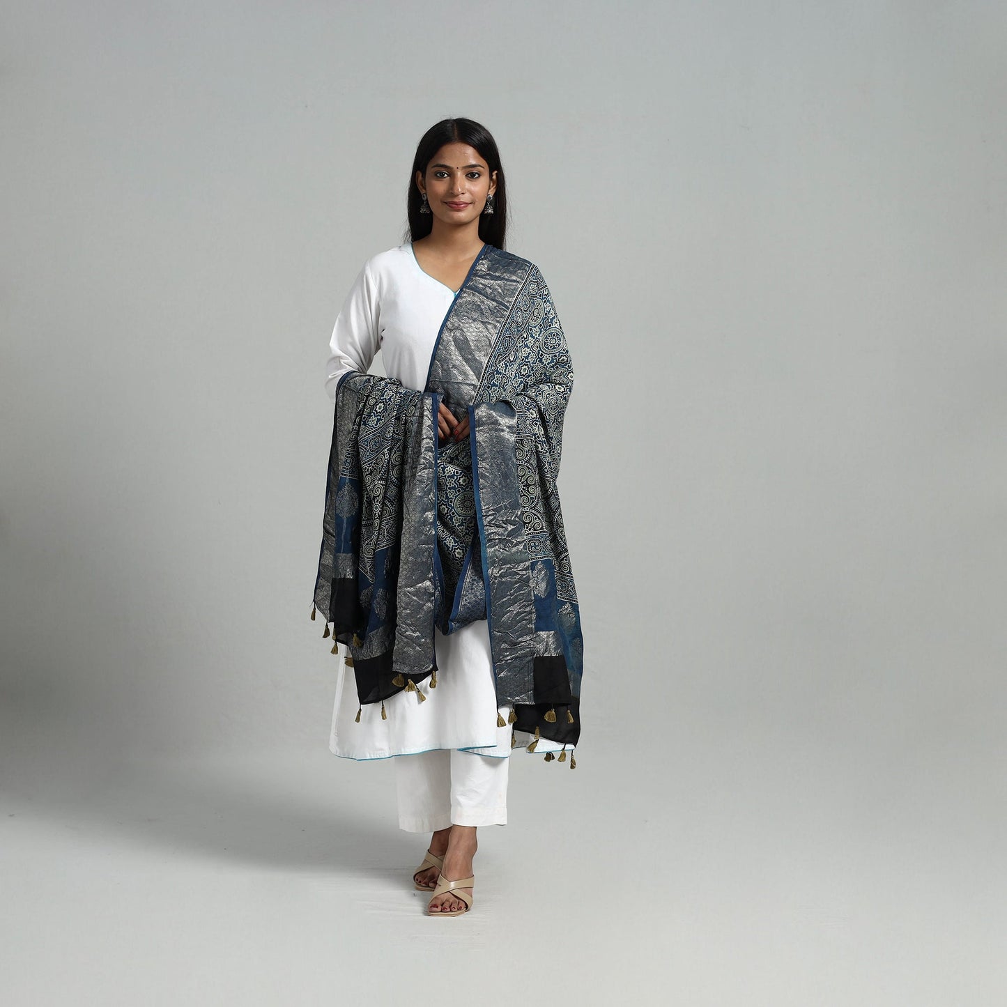 Dola Silk Block Print Ajrakh Dupatta