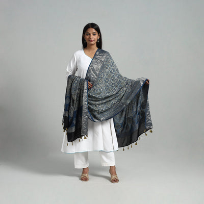 Dola Silk Block Print Ajrakh Dupatta