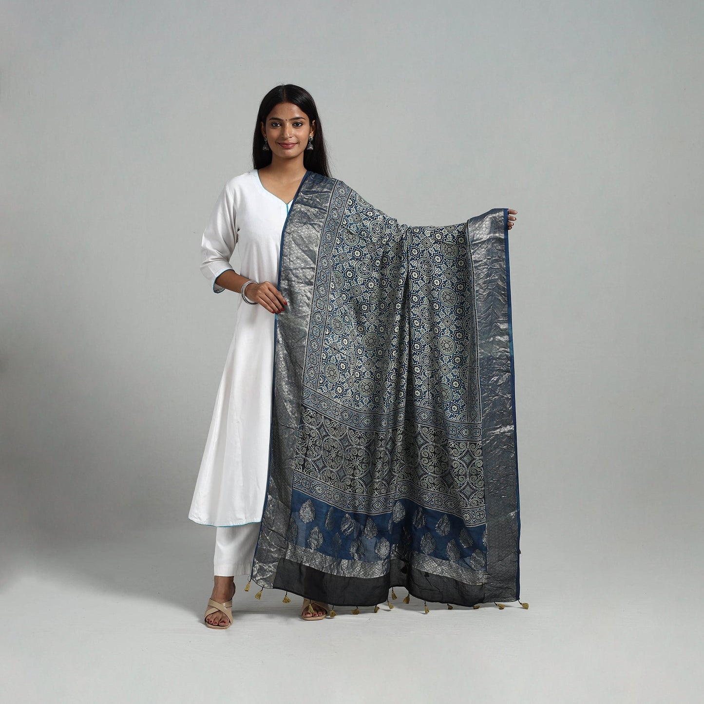 Dola Silk Block Print Ajrakh Dupatta