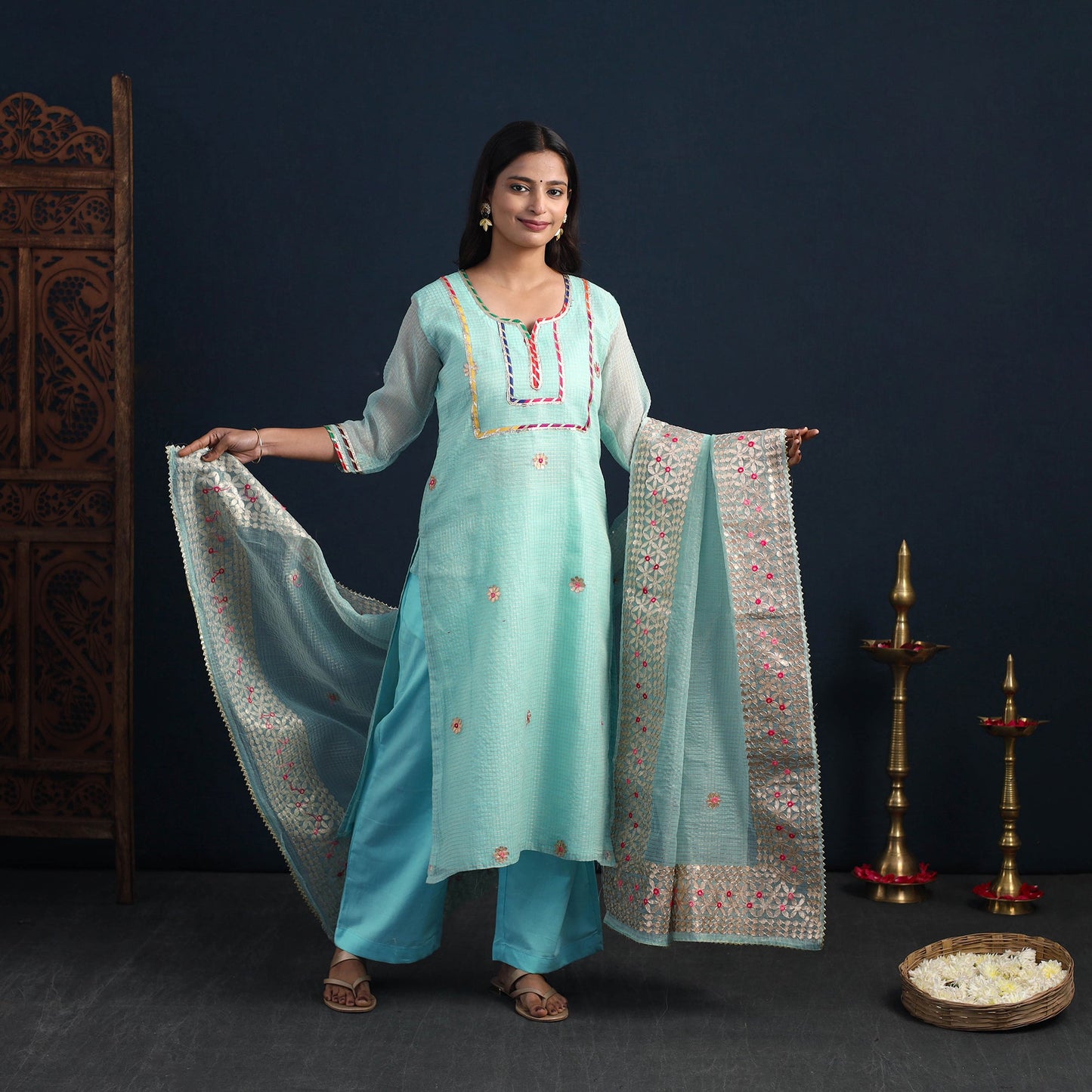 Blue Elegant Gota Work Silk Kota Doria Kurta Set Online