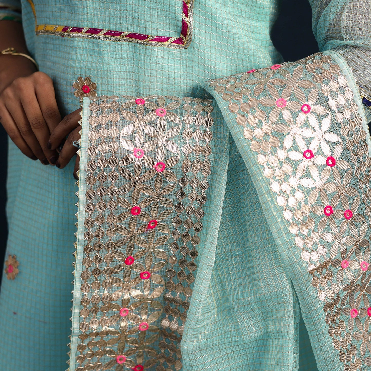 Blue Elegant Gota Work Silk Kota Doria Kurta Set Online