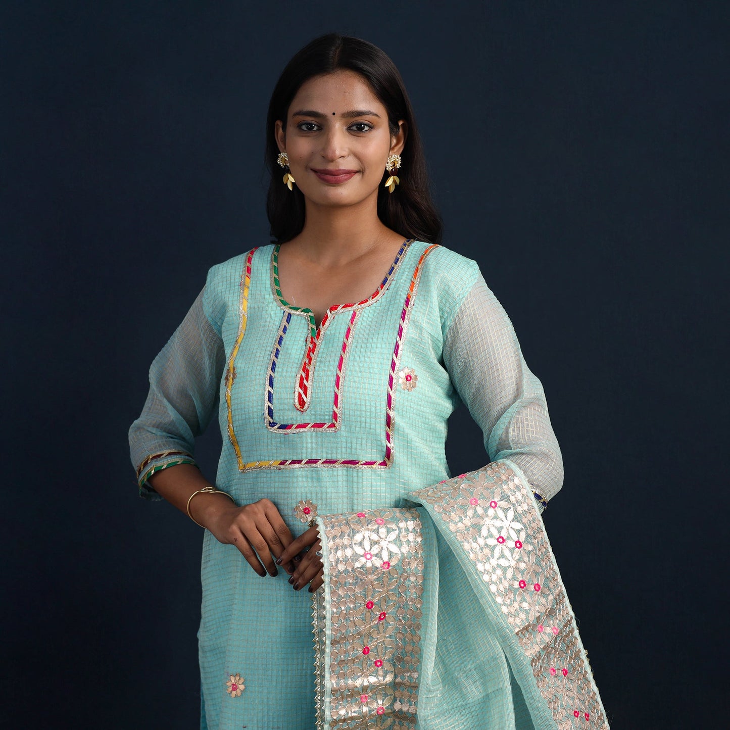 Blue Elegant Gota Work Silk Kota Doria Kurta Set Online