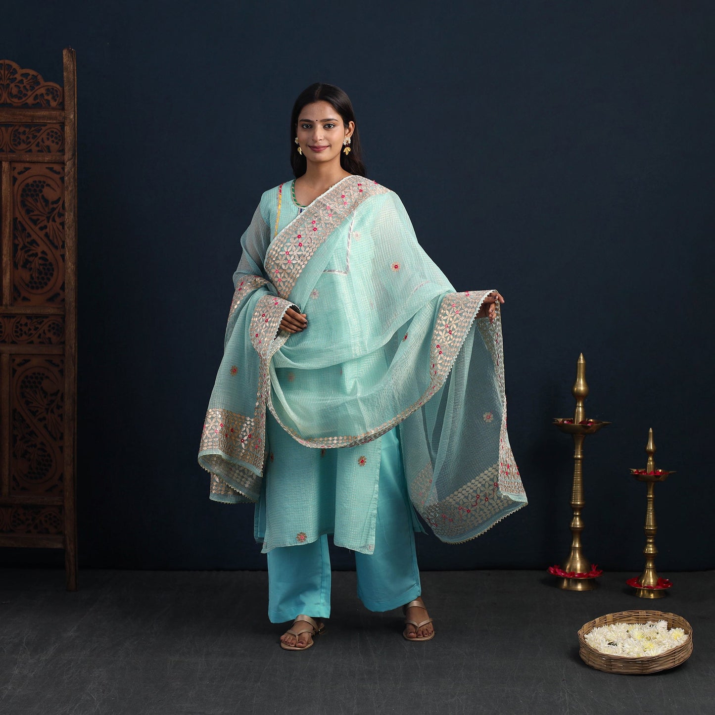 Blue Elegant Gota Work Silk Kota Doria Kurta Set Online