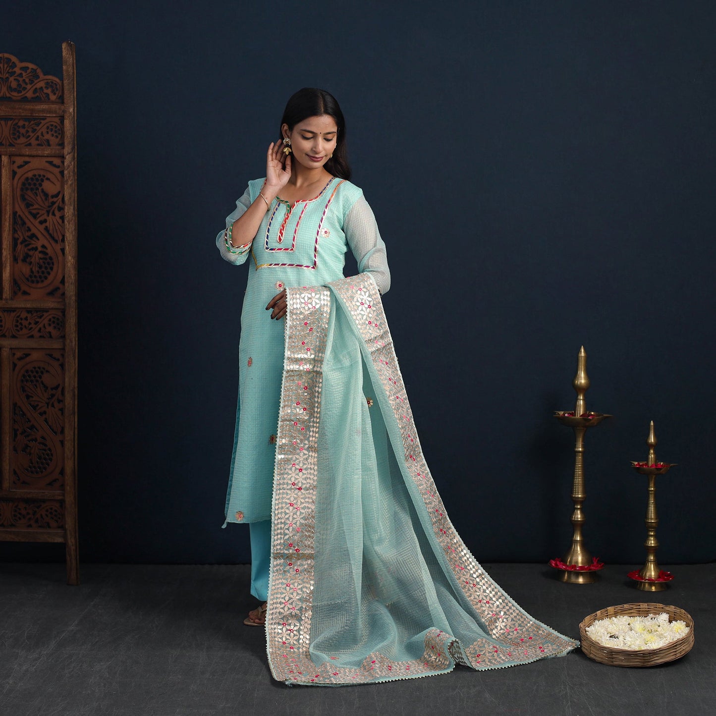 Blue Elegant Gota Work Silk Kota Doria Kurta Set Online