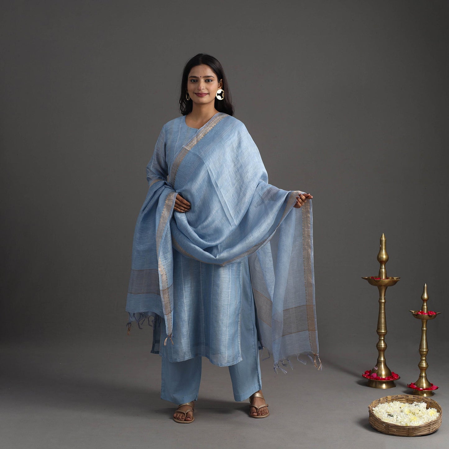 Buy Blue Elegant Linen Silk Handloom Plain Kurta Set