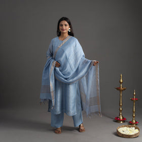 Buy Blue Elegant Linen Silk Handloom Plain Kurta Set