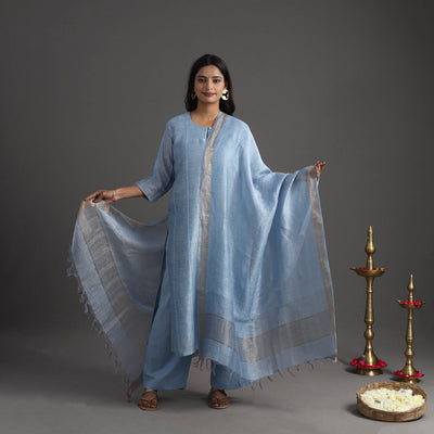 Buy Blue Elegant Linen Silk Handloom Plain Kurta Set