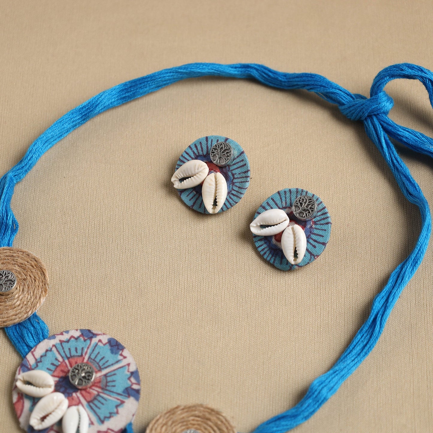 Blue - fabart jute choker necklace set 15 - handcrafted