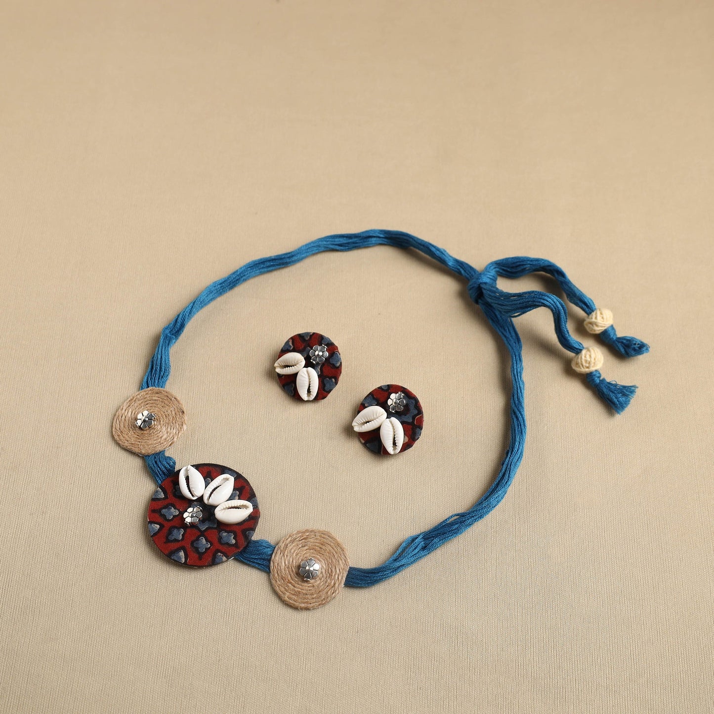 Blue - fabart jute choker necklace set 19 - handcrafted