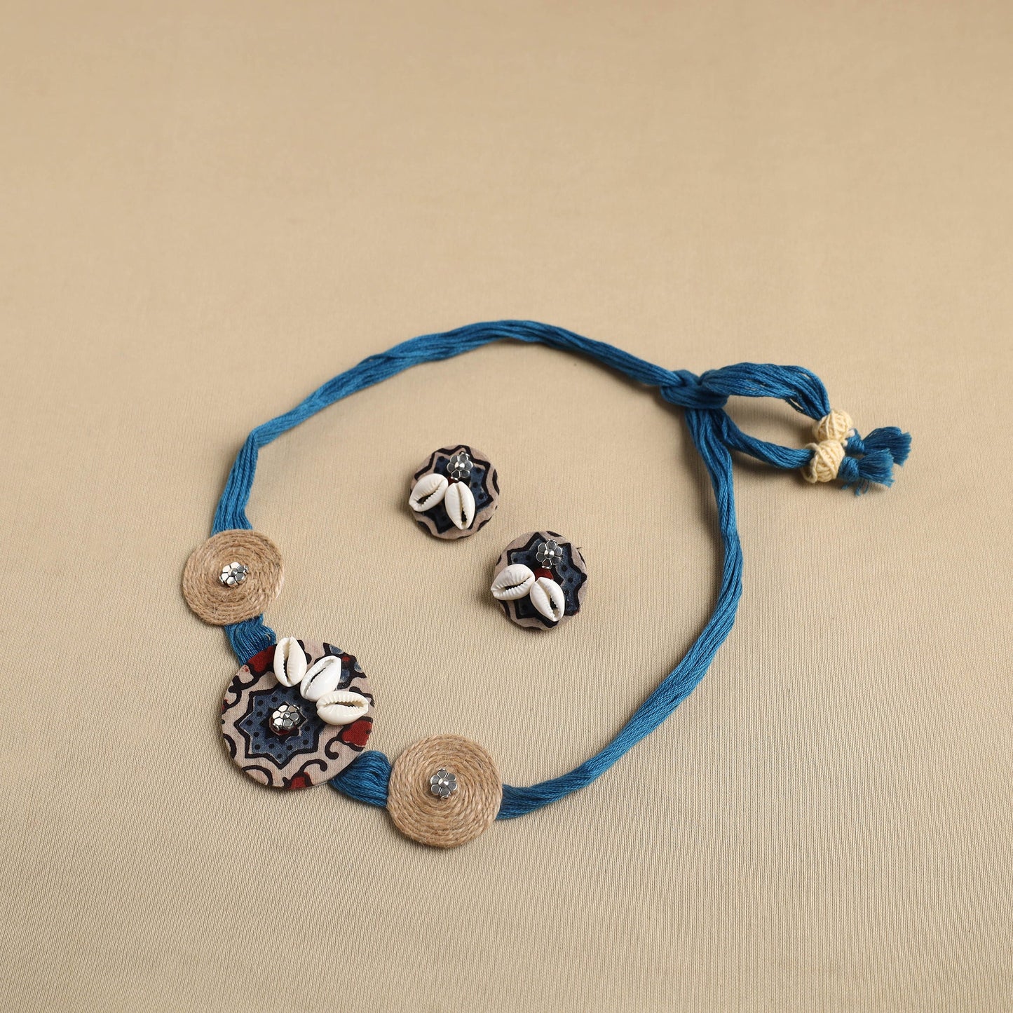 Blue - fabart jute choker necklace set 21 - handcrafted