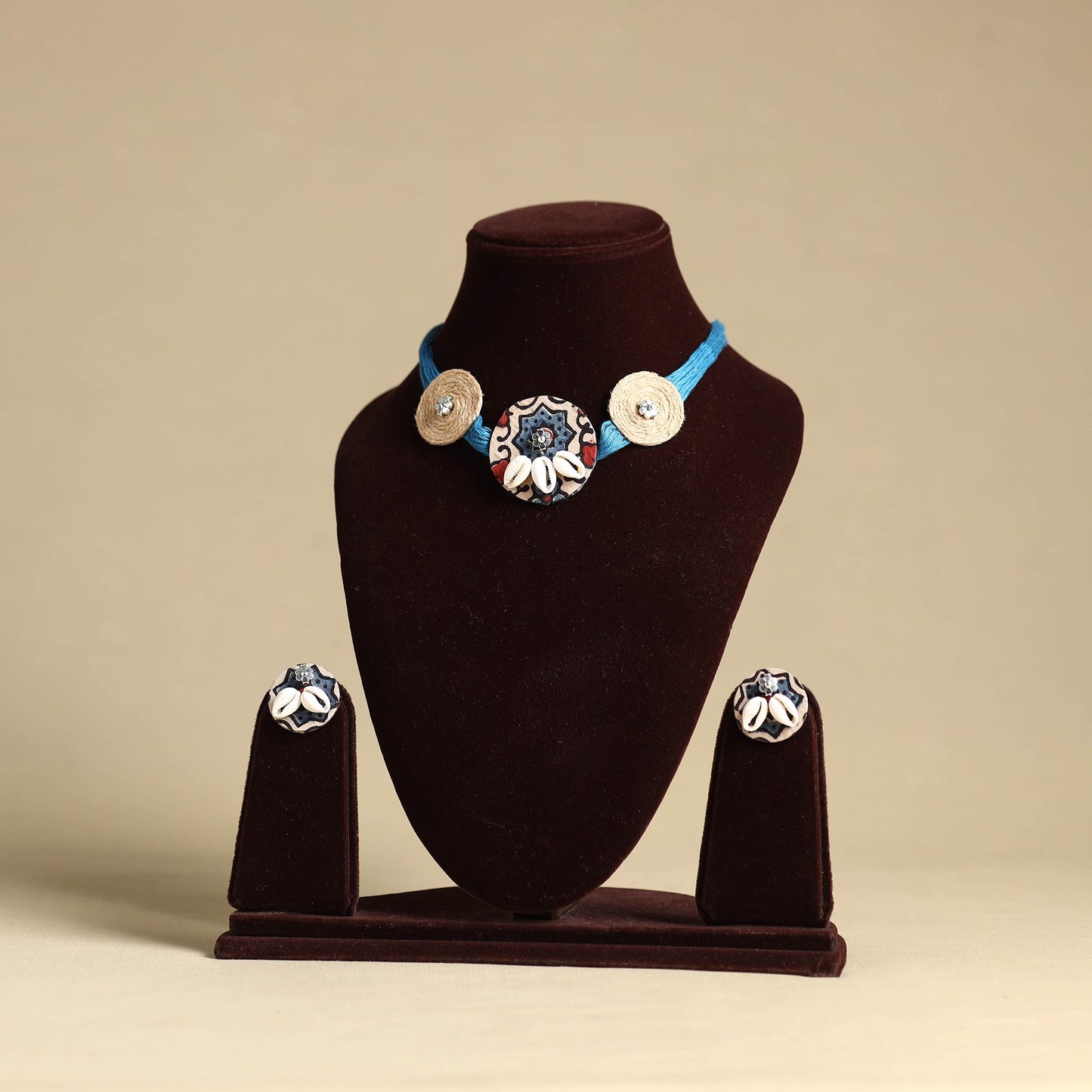 Blue - fabart jute choker necklace set 21 - handcrafted