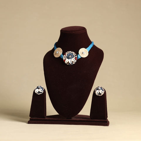 Blue - fabart jute choker necklace set 21 - handcrafted