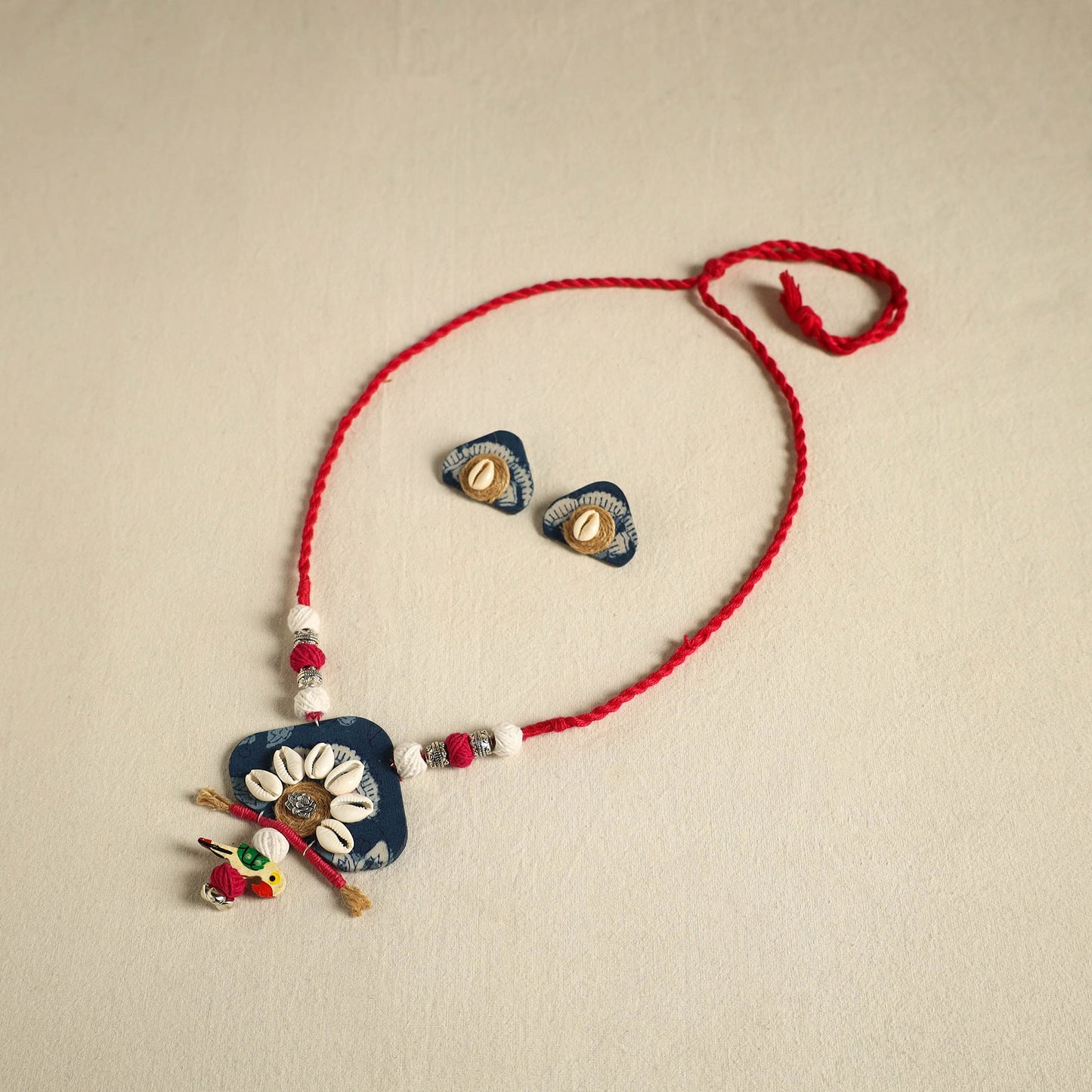  Blue Fabart Jute & Shell Work Necklace Set