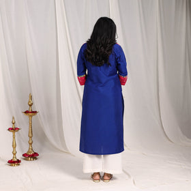 Blue Fiza Slub Silk Straight Plain Kurta with Patchwork