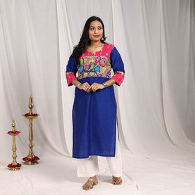 Blue Fiza Slub Silk Straight Plain Kurta with Patchwork