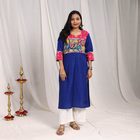 Blue Fiza Slub Silk Straight Plain Kurta with Patchwork