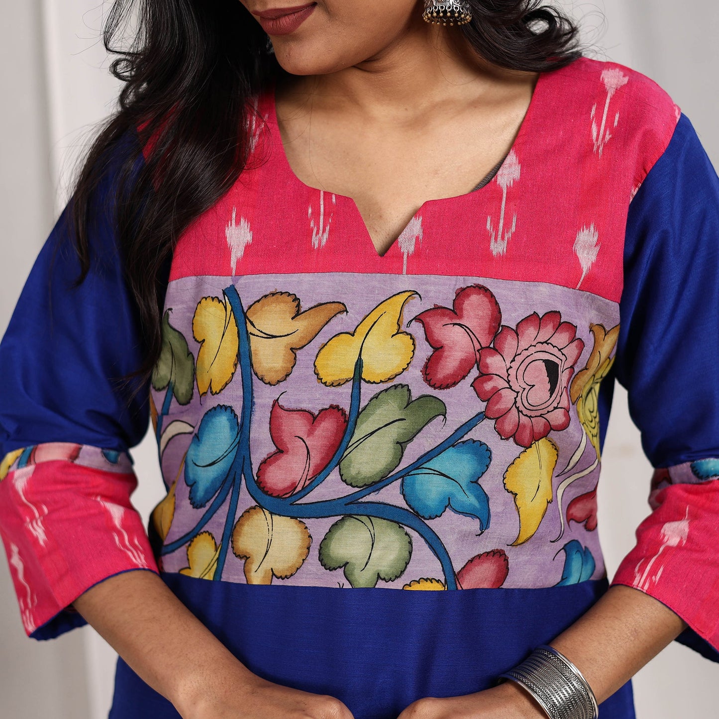 Blue Fiza Slub Silk Straight Plain Kurta with Patchwork