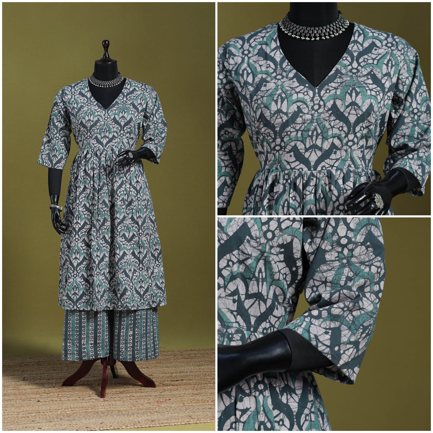 Blue - flared cotton hand batik suit set (set of 2) 02