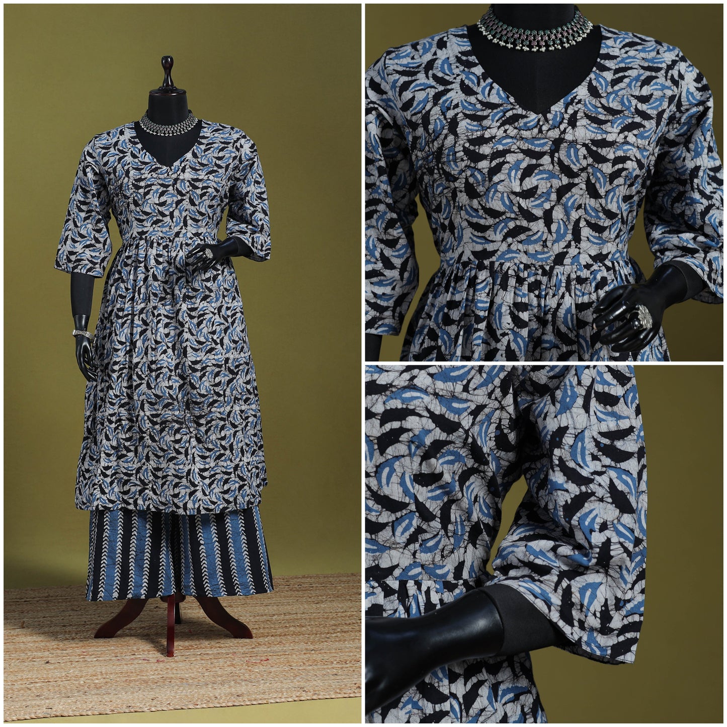 Blue - flared cotton hand batik suit set (set of 2) 03