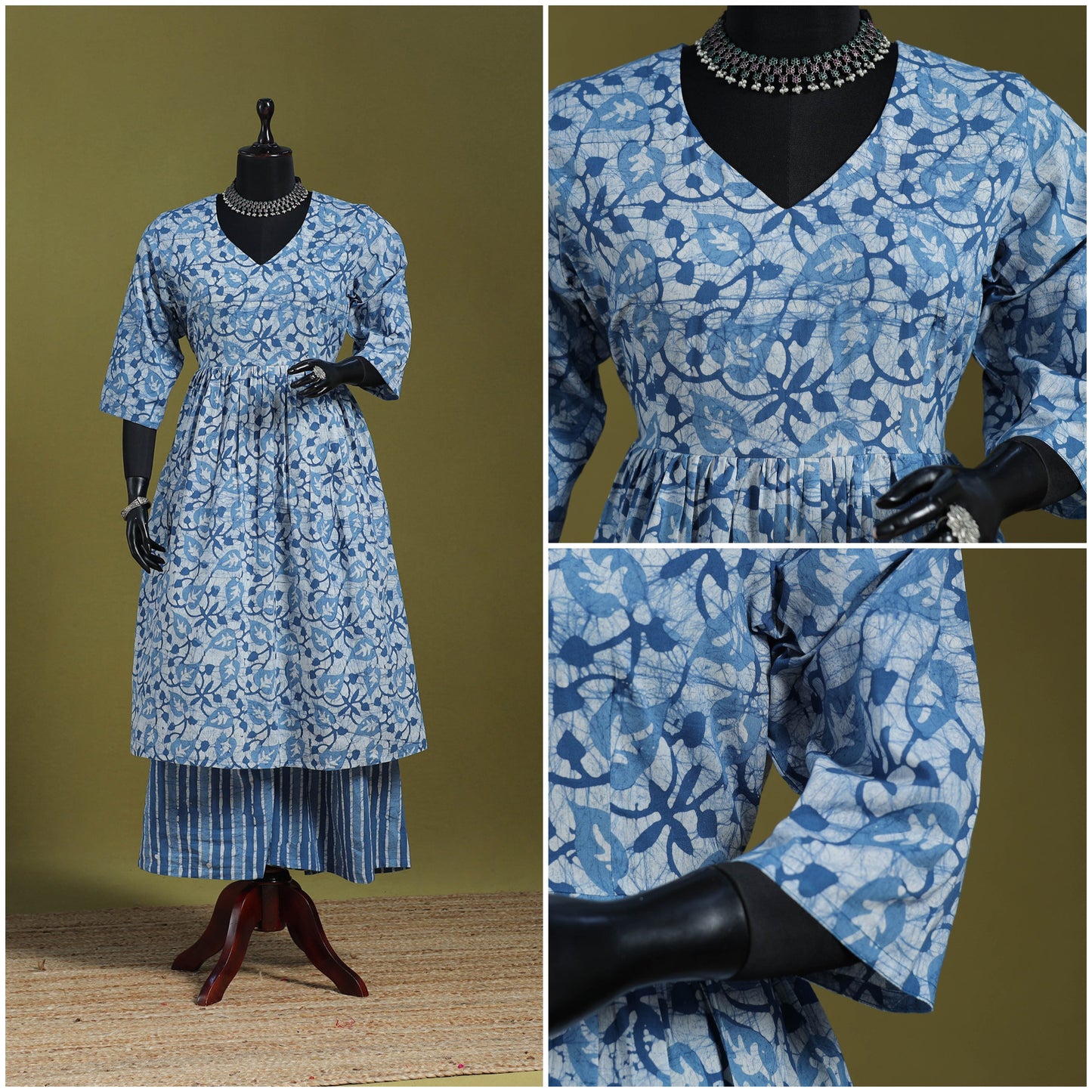 Blue - flared cotton hand batik suit set (set of 2) 04