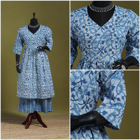 Blue - flared cotton hand batik suit set (set of 2) 04