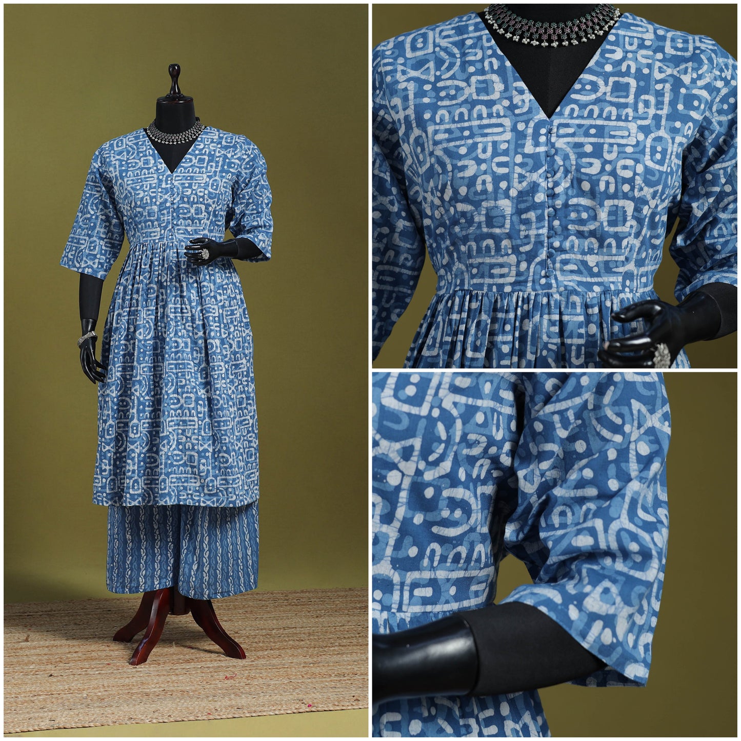 Blue - flared cotton hand batik suit set (set of 2) 06