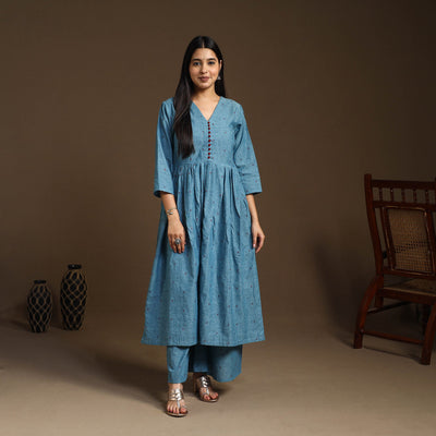 Buy Blue Flared Cotton Jacquard Kurta with Palazzo Set