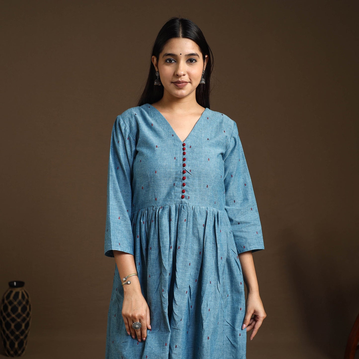 Buy Blue Flared Cotton Jacquard Kurta with Palazzo Set