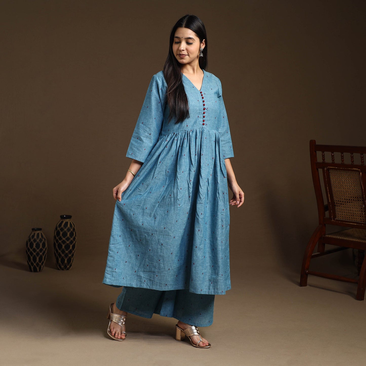Buy Blue Flared Cotton Jacquard Kurta with Palazzo Set