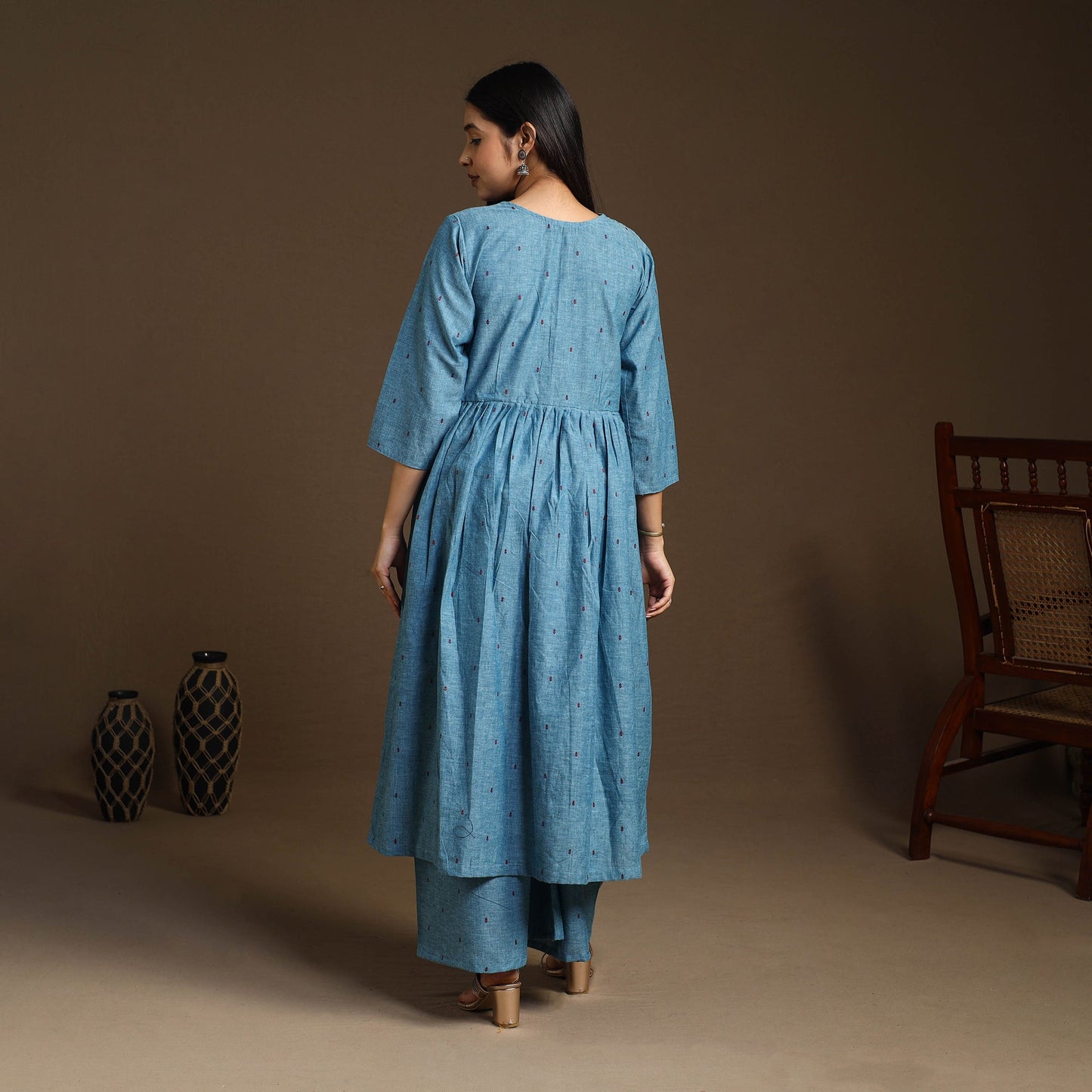 Buy Blue Flared Cotton Jacquard Kurta with Palazzo Set
