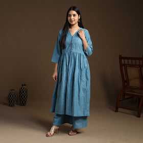 Buy Blue Flared Cotton Jacquard Kurta with Palazzo Set
