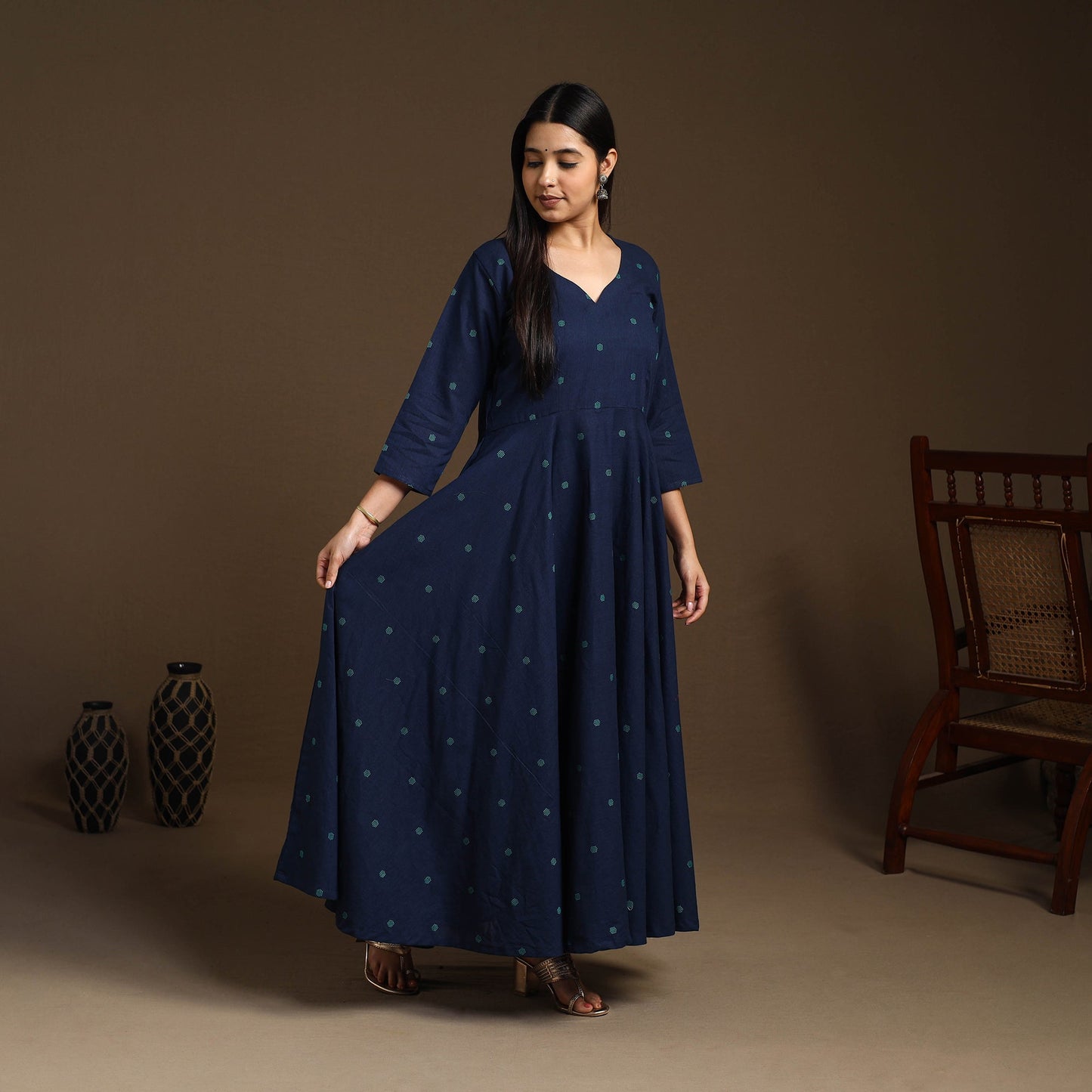 Buy Flared Cotton Blue Jacquard Kurta with Palazzo Set