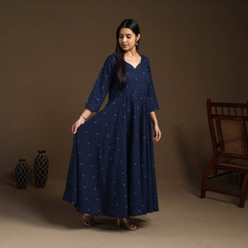 Buy Flared Cotton Blue Jacquard Kurta with Palazzo Set