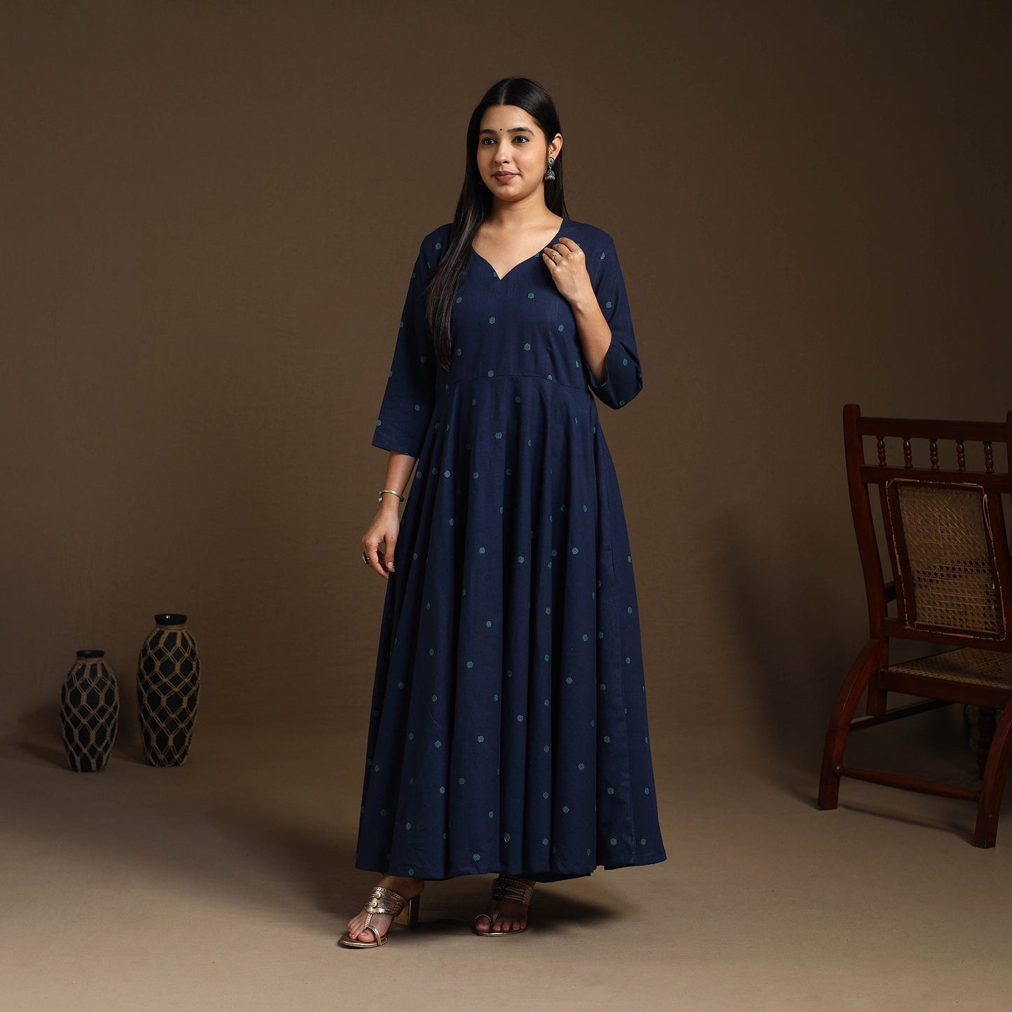 Buy Flared Cotton Blue Jacquard Kurta with Palazzo Set