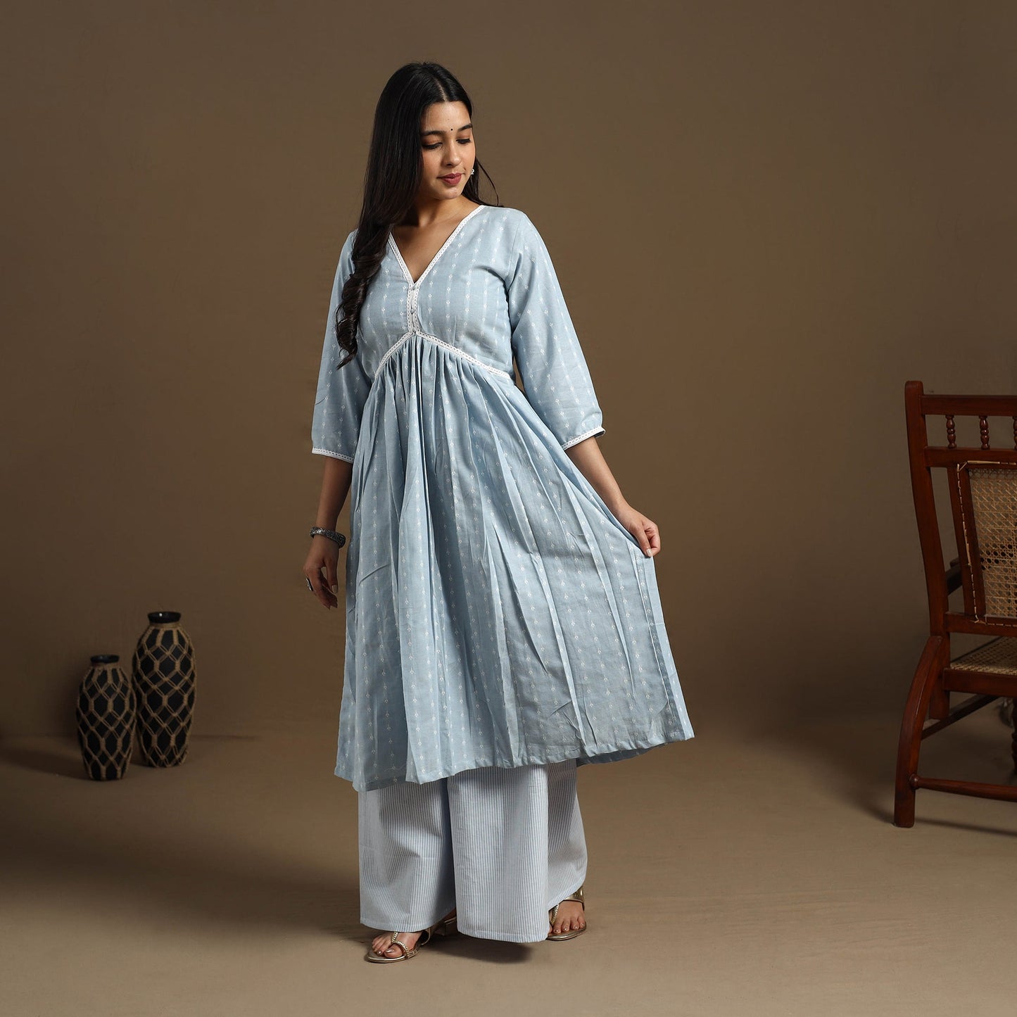 Flared Cotton Lace Work Blue Jacquard Kurta with Palazzo Set