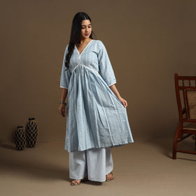 Flared Cotton Lace Work Blue Jacquard Kurta with Palazzo Set