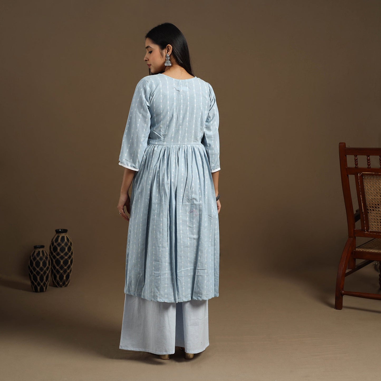 Flared Cotton Lace Work Blue Jacquard Kurta with Palazzo Set
