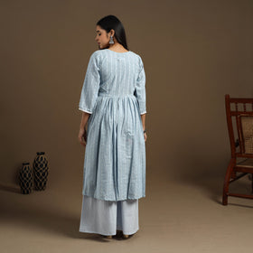 Flared Cotton Lace Work Blue Jacquard Kurta with Palazzo Set