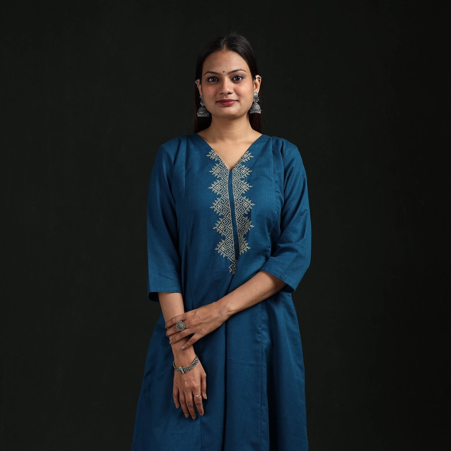 Flex cotton plain hand embroidered a-line kurta for women